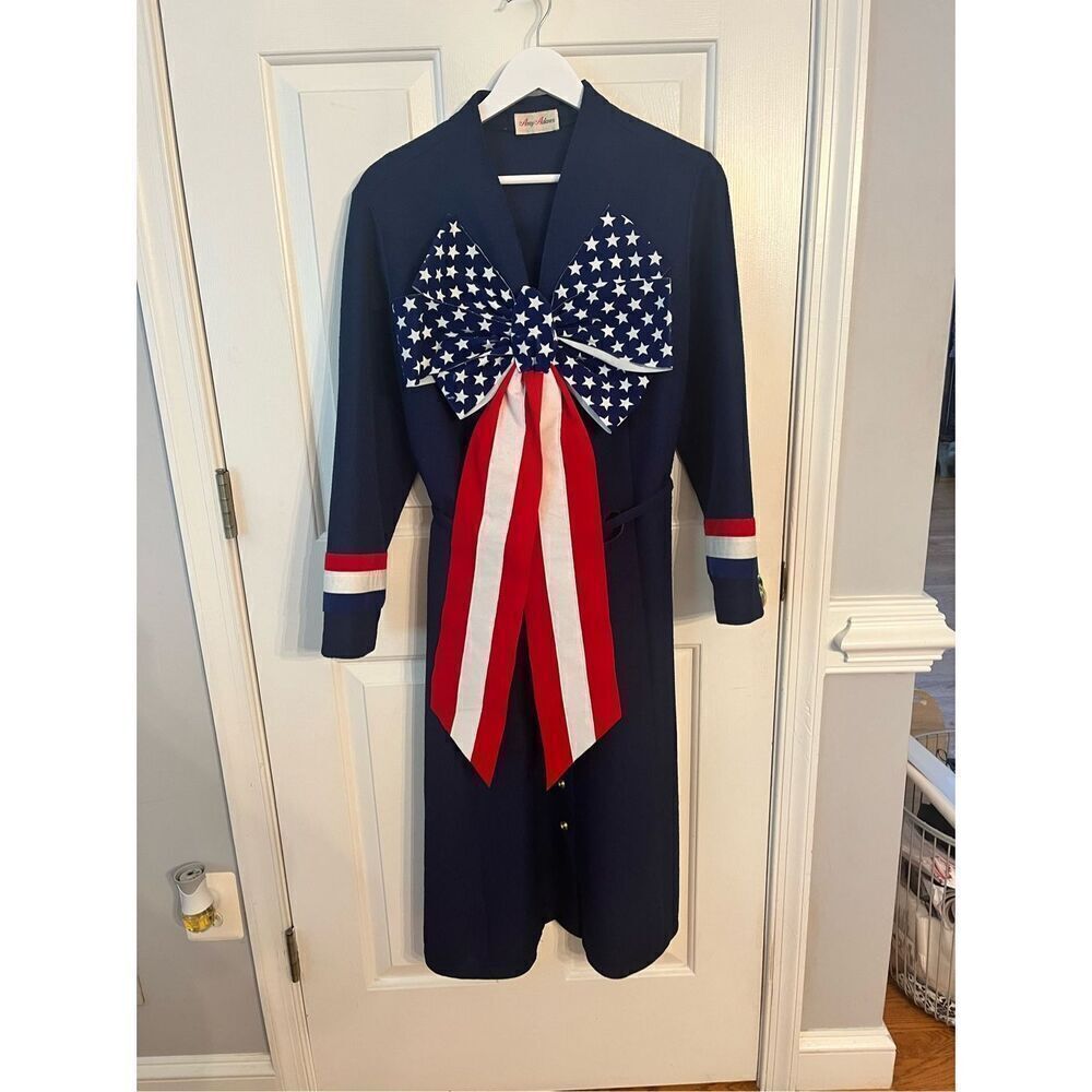 Vintage Amy Adams Navy Button Front 4th of July Oversized Bows Patriotic Belted